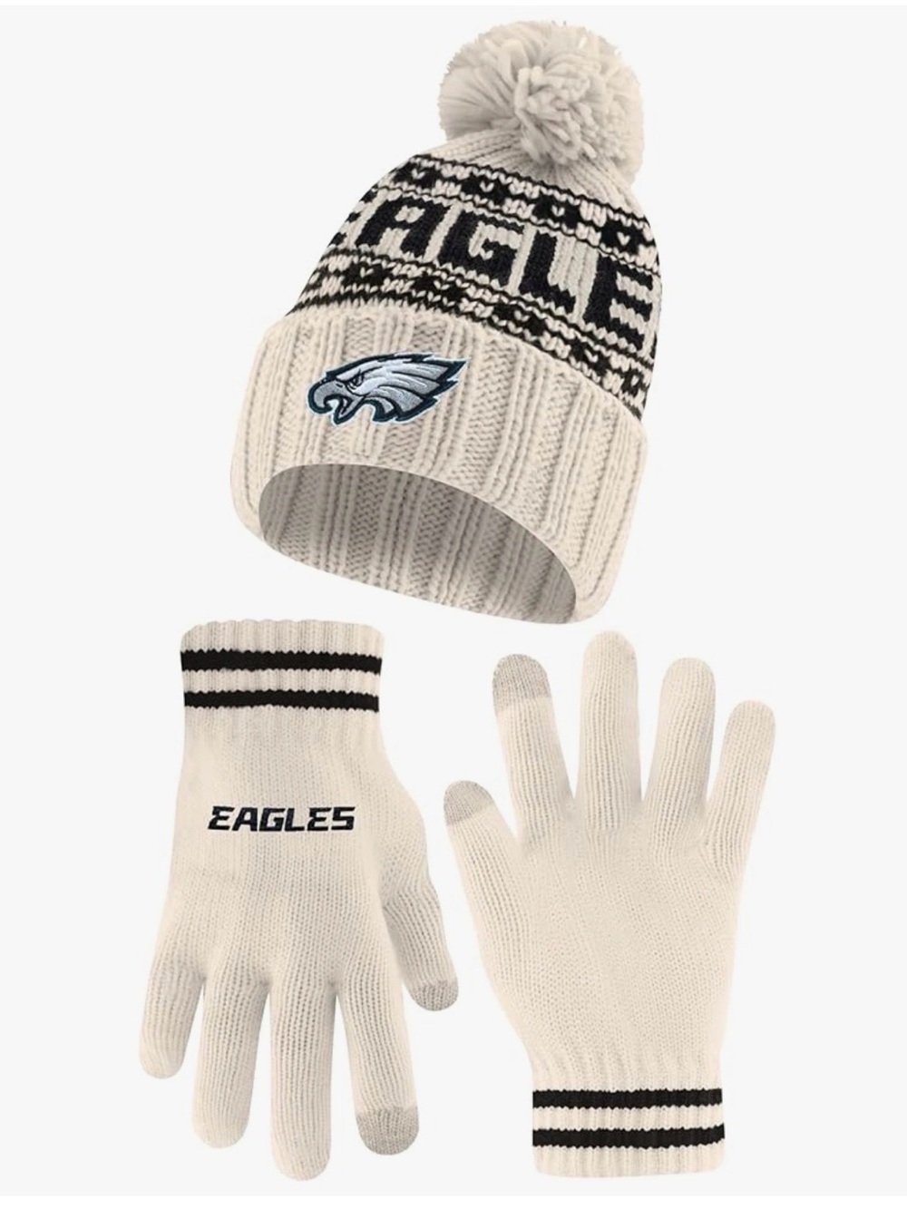 Philadelphia Eagles Pom Beanie and Gloves Set - Cream/Black